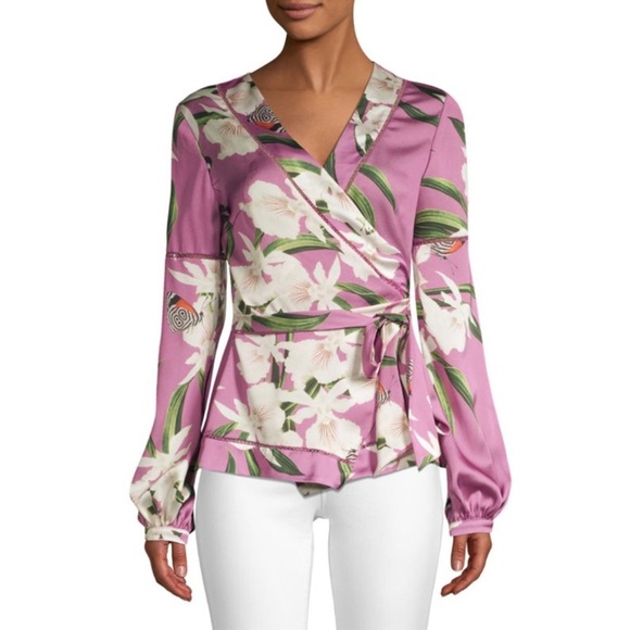PatBO Tops - PatBO - Orchid Print Wrap Blouse - Violet